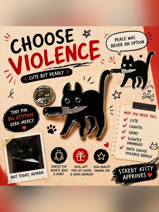 Other - Black Cat Knife Enamel Pin "Choose Violence" Meme Cute But Deadly Kawaii Goth